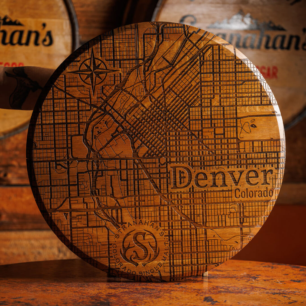 Stranahan's Barrel sign etched with map of Denver, Colorado