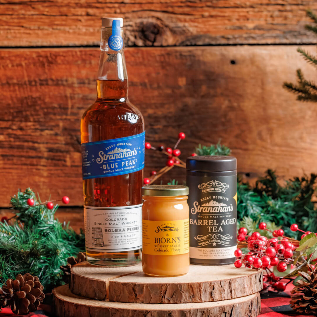The Honey, I’m Home Bundle includes: Stranahan’s Blue Peak Whiskey, Barrel-Aged Tea from Boulder Dushanbe Tea House, and Barrel-Aged Honey from Björn’s Colorado Honey. 