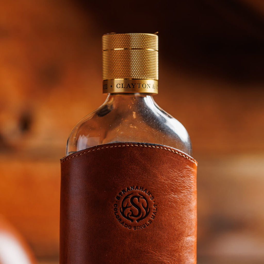 Closeup photo of gold textured screw top on the Leather Glass Flask