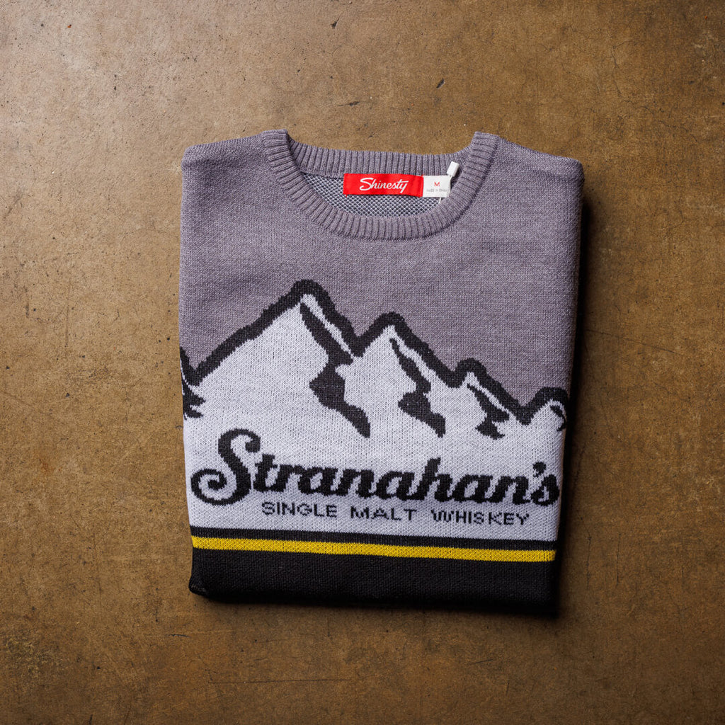 Folded view of the Stranahan's Single Malt Logo on the center of the Stranahan's Shinesty Mountain sweater