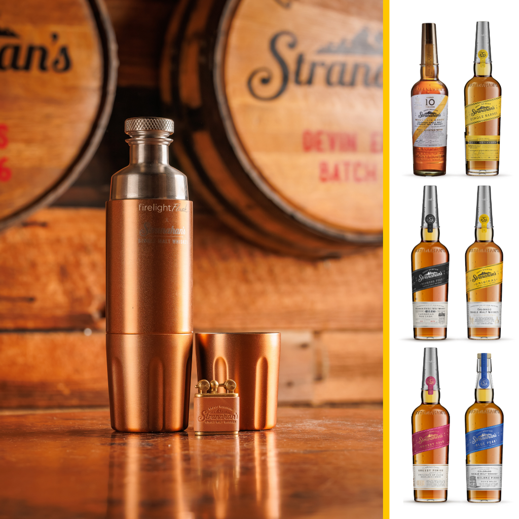 Stranahan's copper flask, cup, and leather-bound-lighter with whiskey bottles displayed on the side.