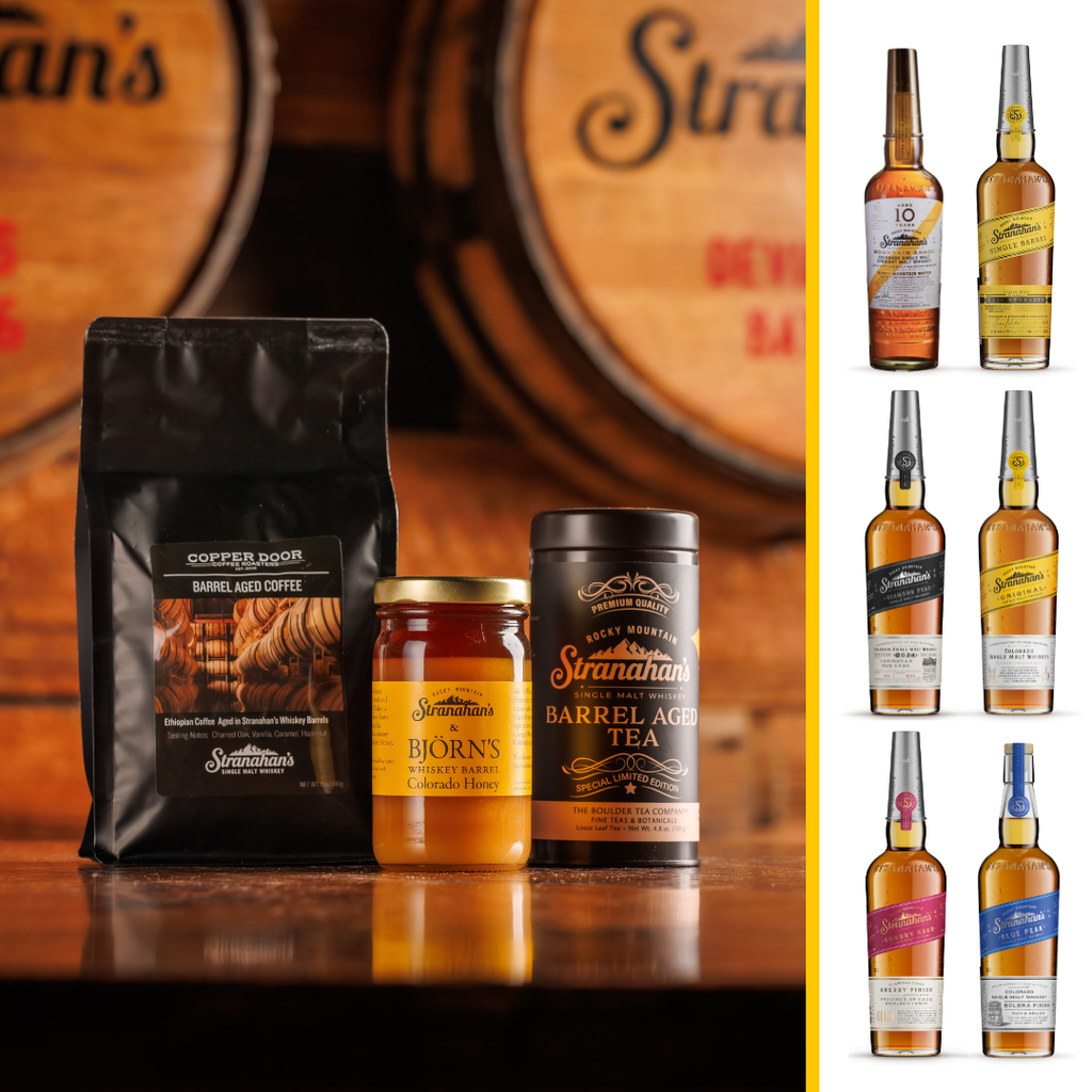 Copper Door Barrel Aged Coffee, Björn’s Colorado Honey, and Stranahan's Barrel Aged Tea with Stranahan's whiskey bottles.