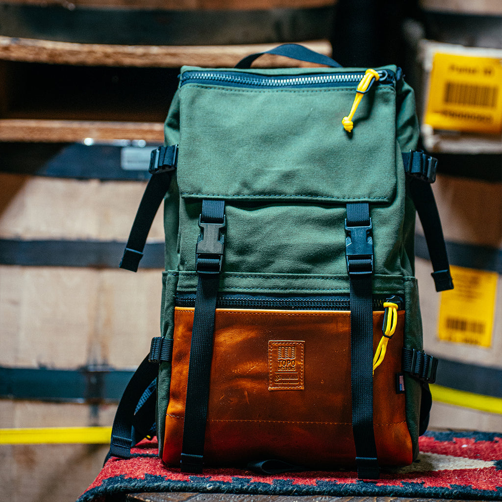 View of Stranahan's x Topo Designs backpack on table.