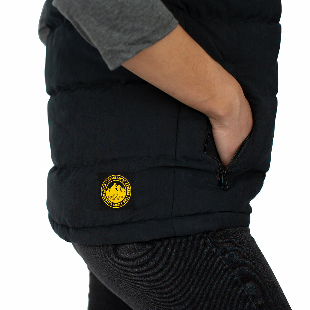 Side view of Stranahan's logo on puffer vest.