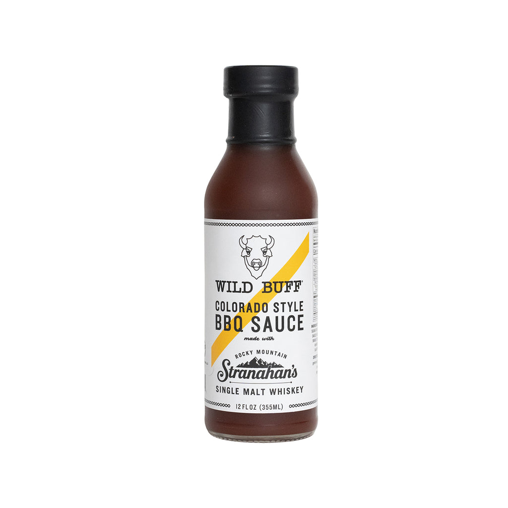 Stranahan's x Wild Buff Colorado Style BBQ Sauce bottle on white background.